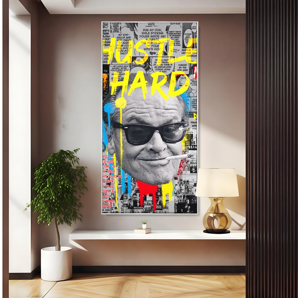Tablou canvas cu tablou portret jack nicholson cu ochelari si tigara, in rama de aluminiu argintiu